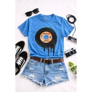 Champion T Shirt Mens Medium Blue Graphic Vinyl Record Logo Sleeve Streetwear Te